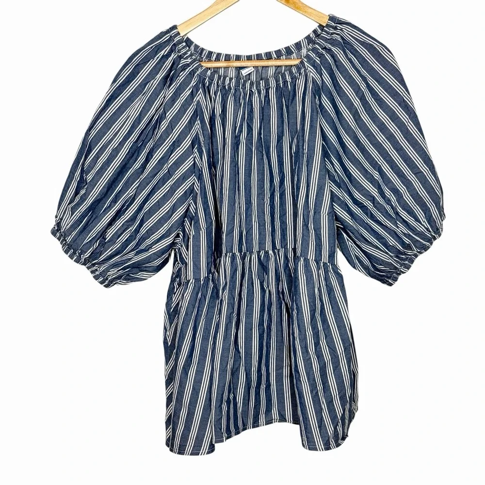 Old Navy Blue White Striped Puff Sleeve Top Womens 2X Nautical Preppy Coastal